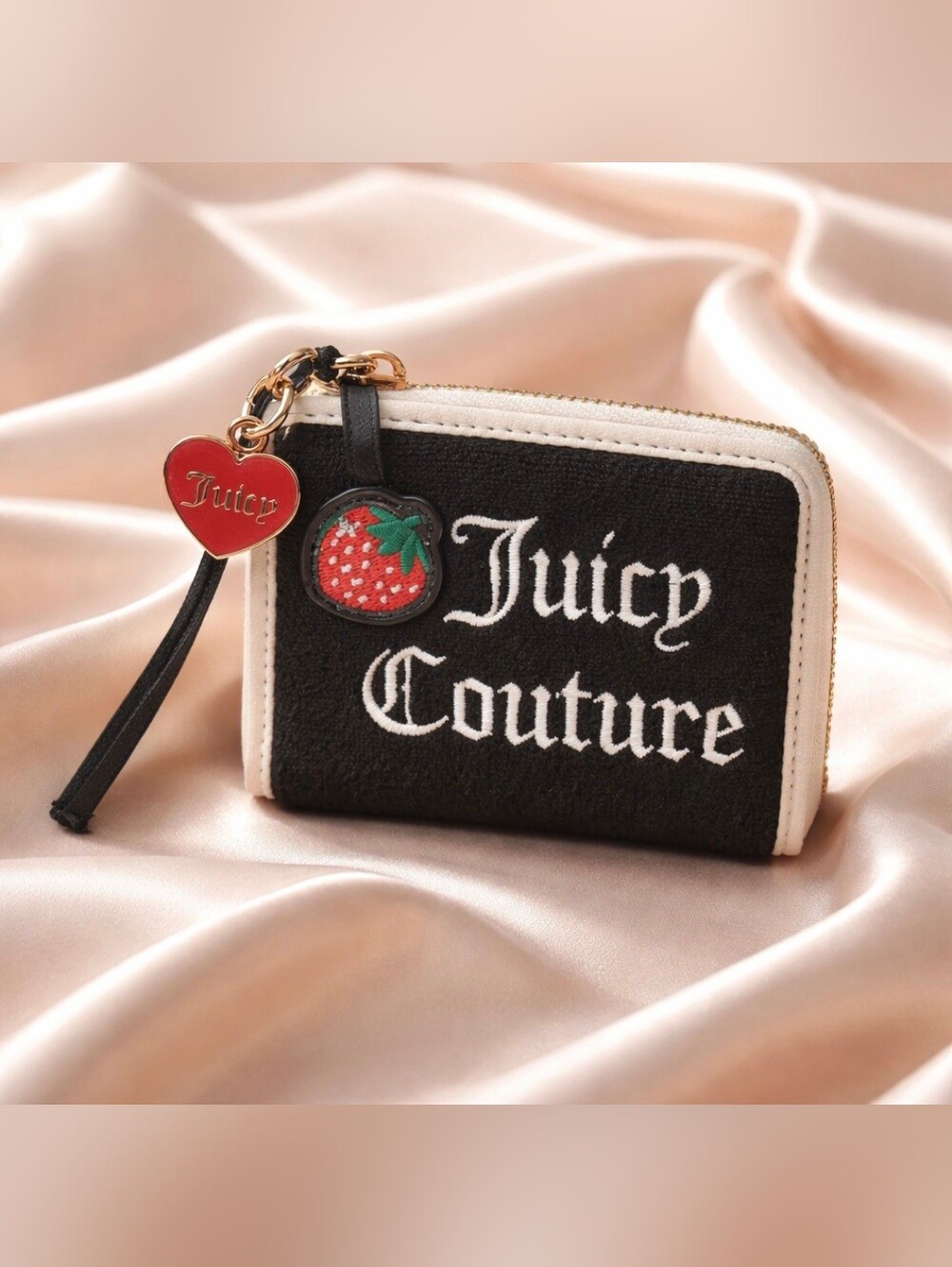 Juicy Couture Black and Cream Zip-Around Mini Wallet with Strawberry Charm